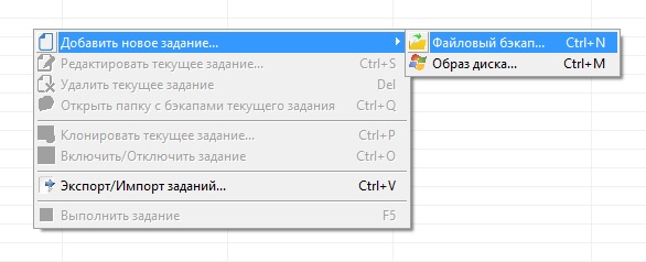 Создание задания через соответствующее контекстное меню, вызванное над списком заданий