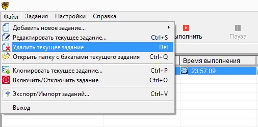 Удаление выбранного задания через соответствующий пункт меню